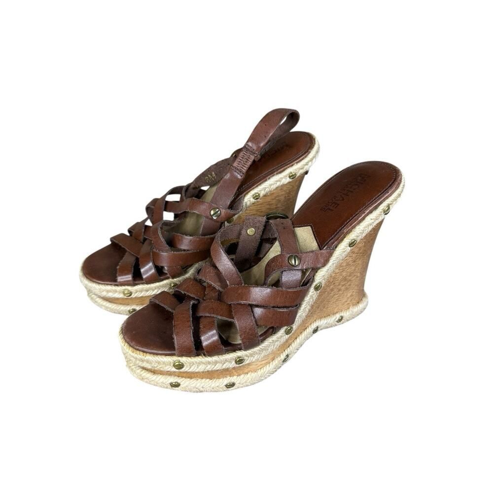 Michael Kors Y2K Brown Leather Studded Espadrille Wedge Sandals Size 6 - Picture 3 of 12